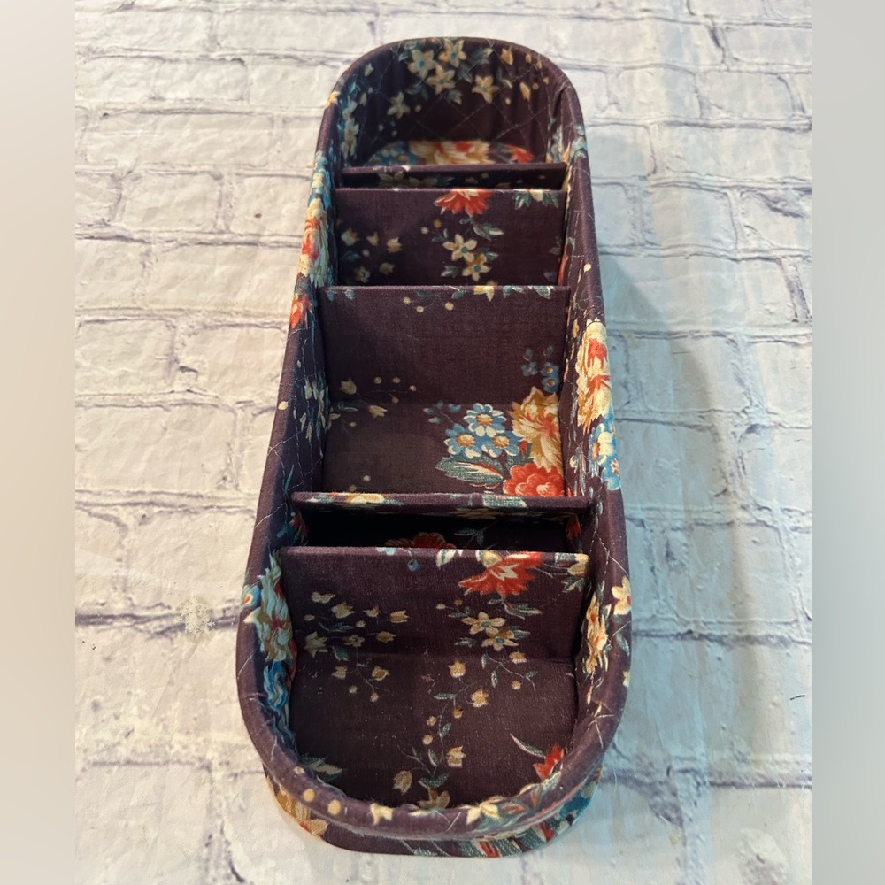 VINTAGE STOR-AID NEW YORK BROWN FLORAL EMBROIDERED FABRIC COVERED STORAGE BOX